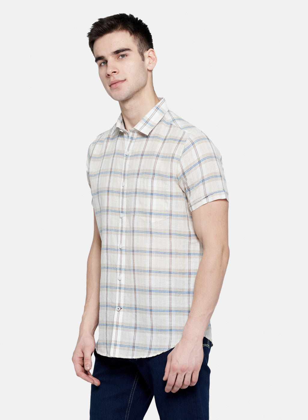 Mens Beige Check Linen Shirt