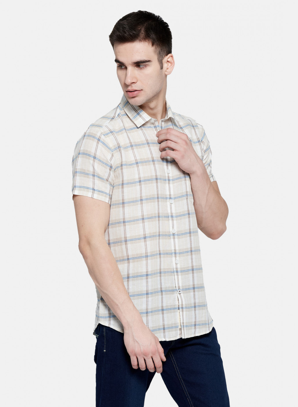 Mens Beige Check Linen Shirt