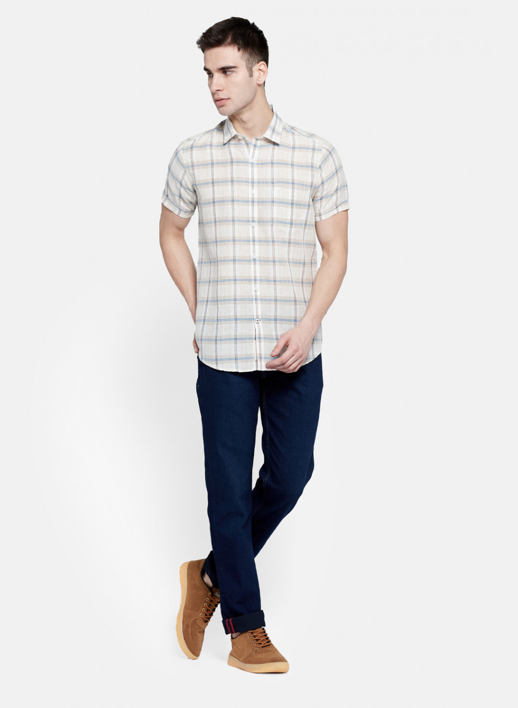 Mens Beige Check Linen Shirt