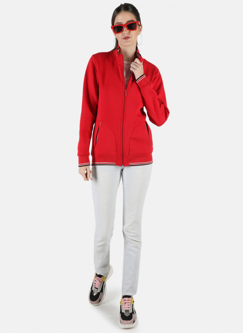 Women Red Solid Sweatshirt