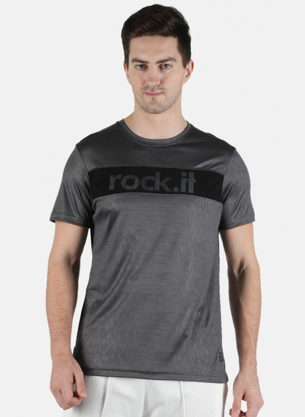Men Grey Printed Round Neck T-Shirt