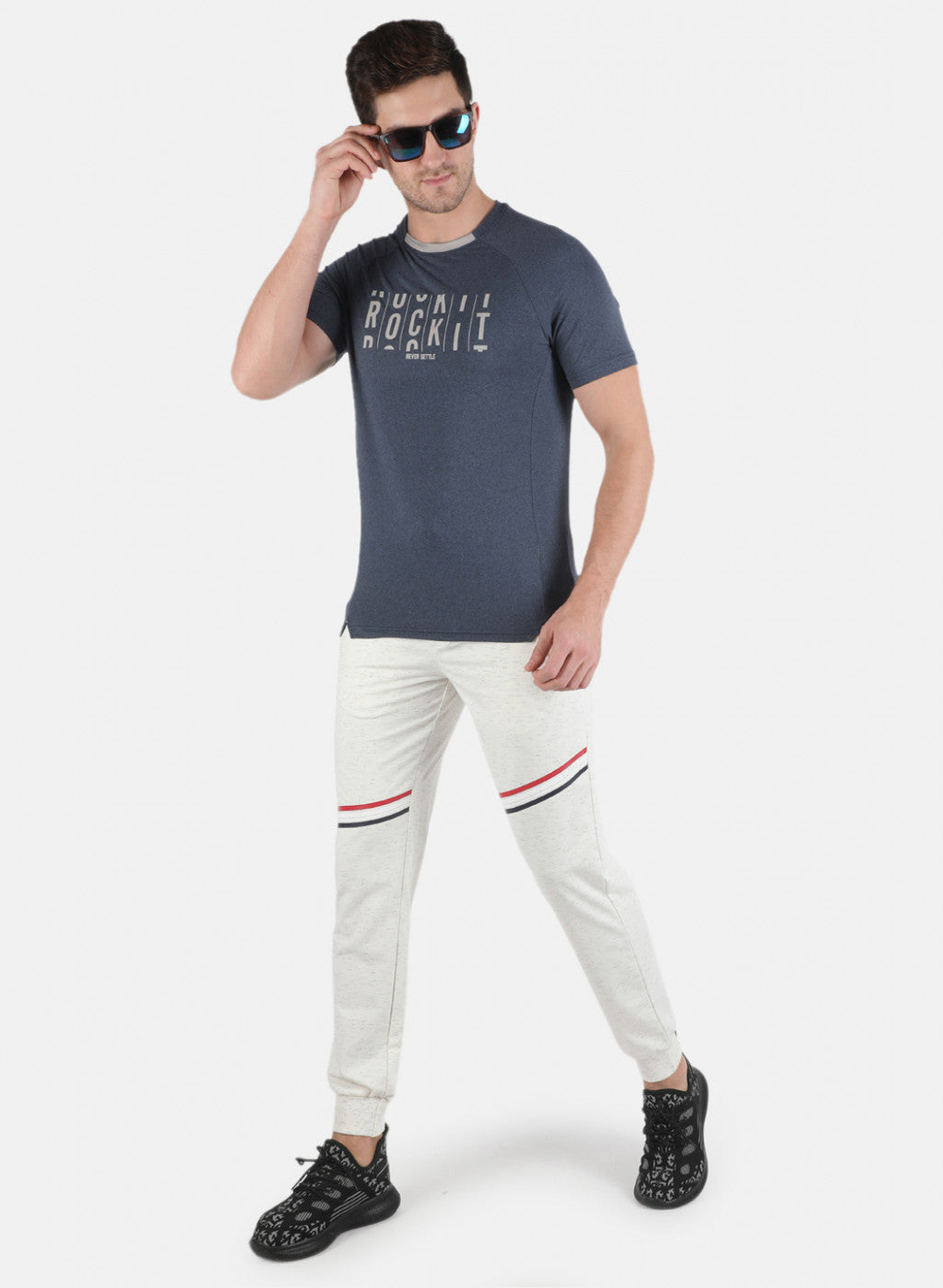 Rock.it Men Navy Blue Self Design Round Neck T-Shirt