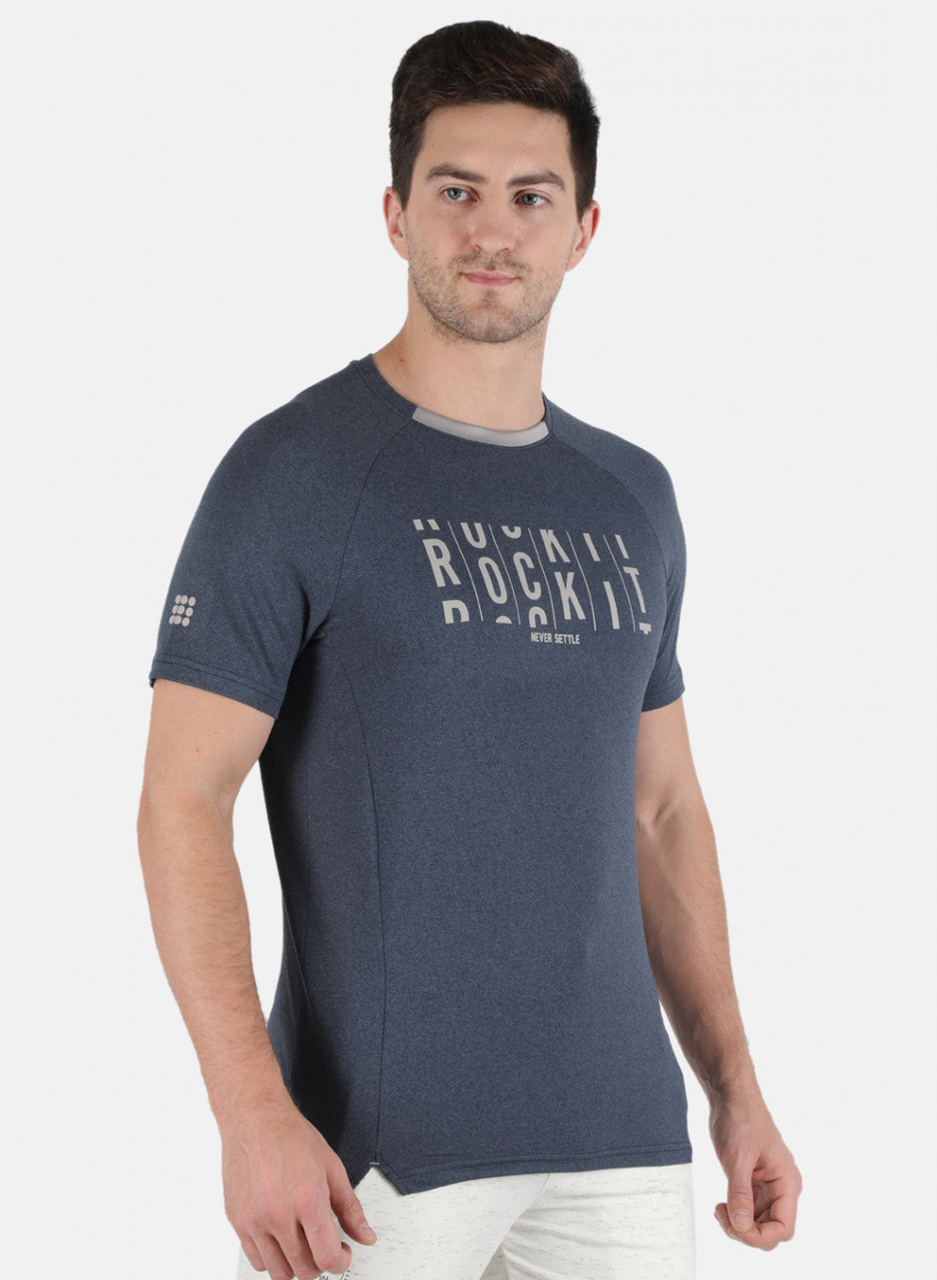 Rock.it Men Navy Blue Self Design Round Neck T-Shirt