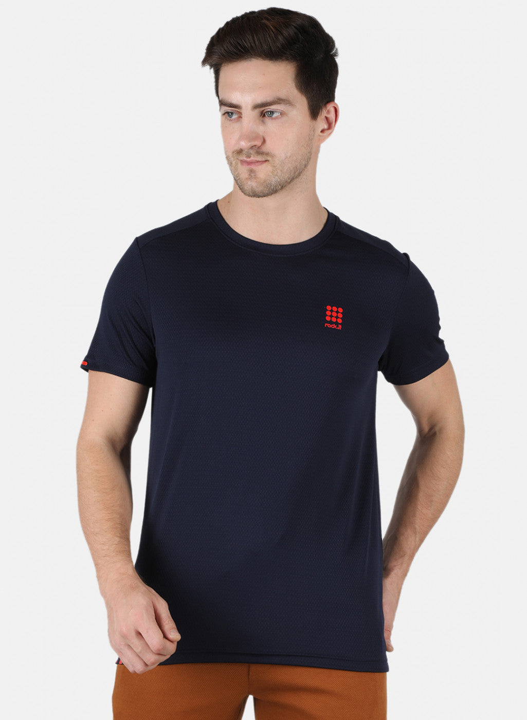 Men NAvy Blue Self Design Round Neck T-Shirt