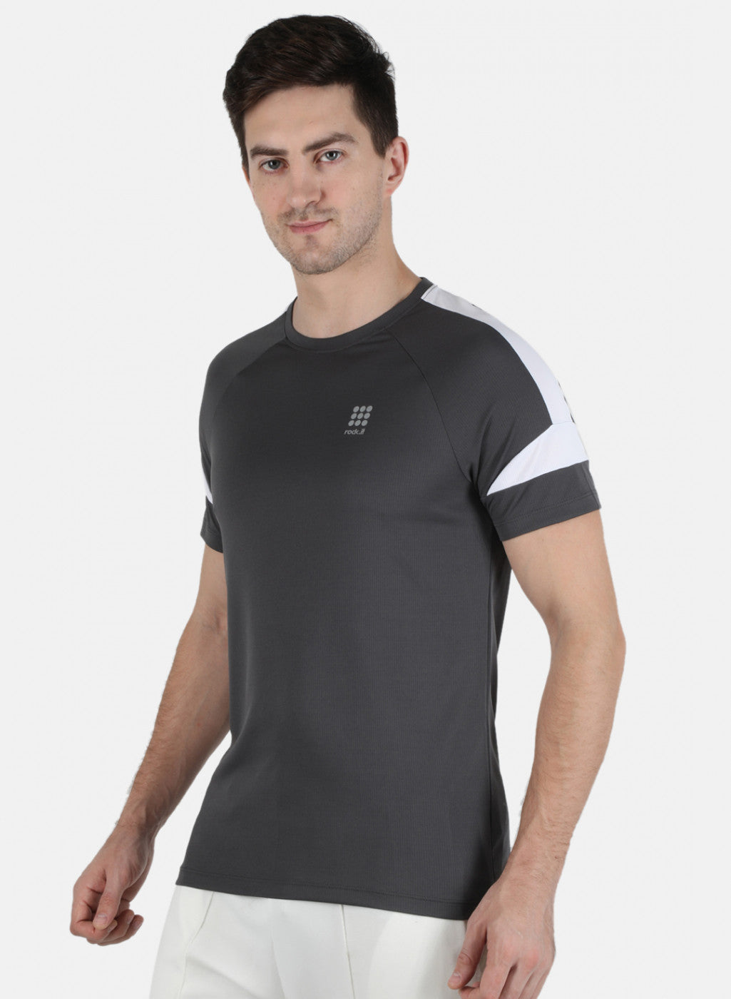 Men Grey Self Design Round Neck T-Shirt