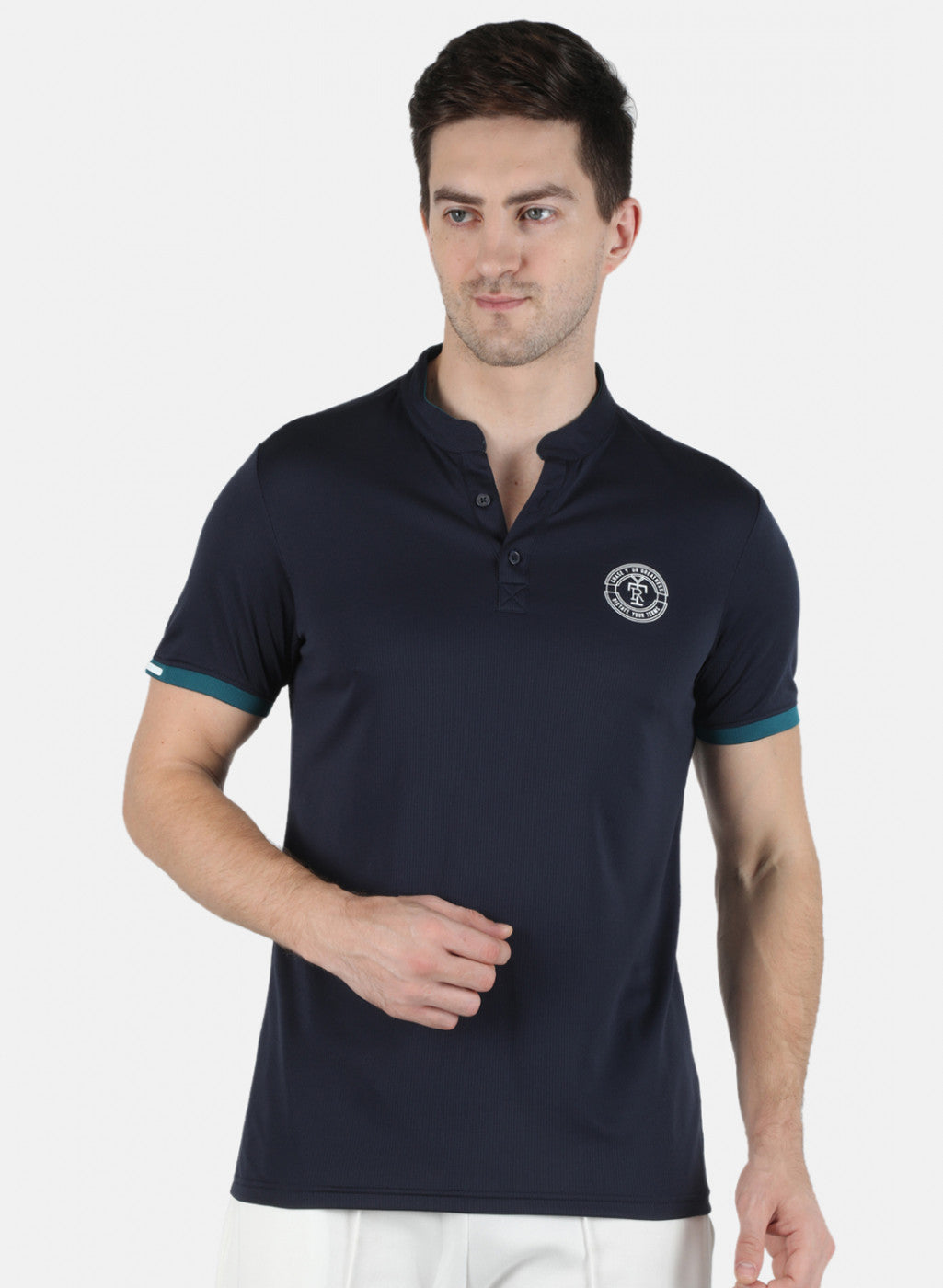 Rock.it Men Navy Blue Self Design Collar T-Shirt