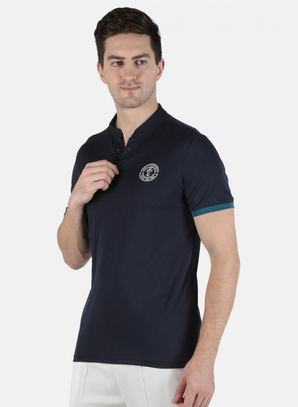 Rock.it Men Navy Blue Self Design Collar T-Shirt