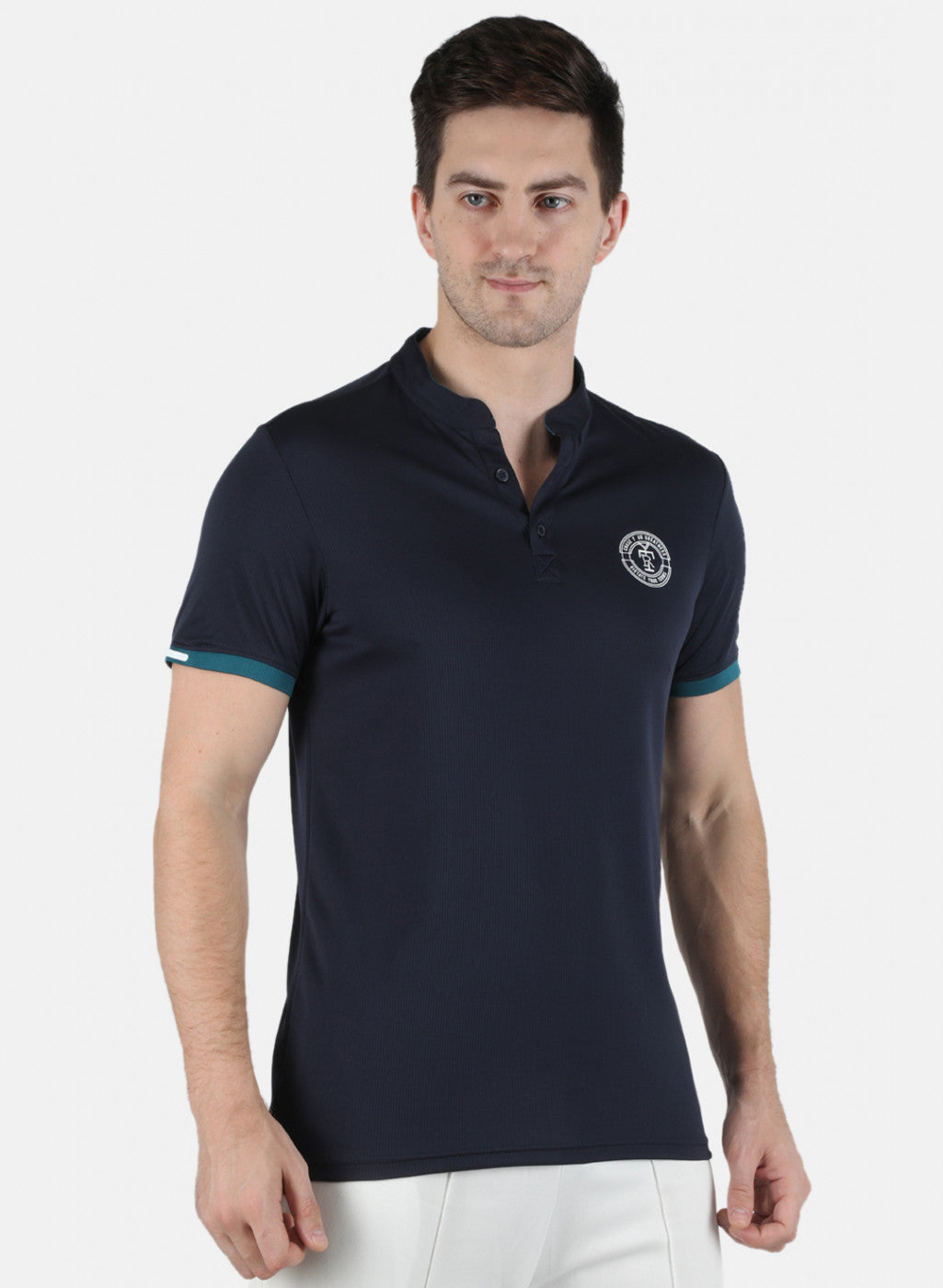 Rock.it Men Navy Blue Self Design Collar T-Shirt