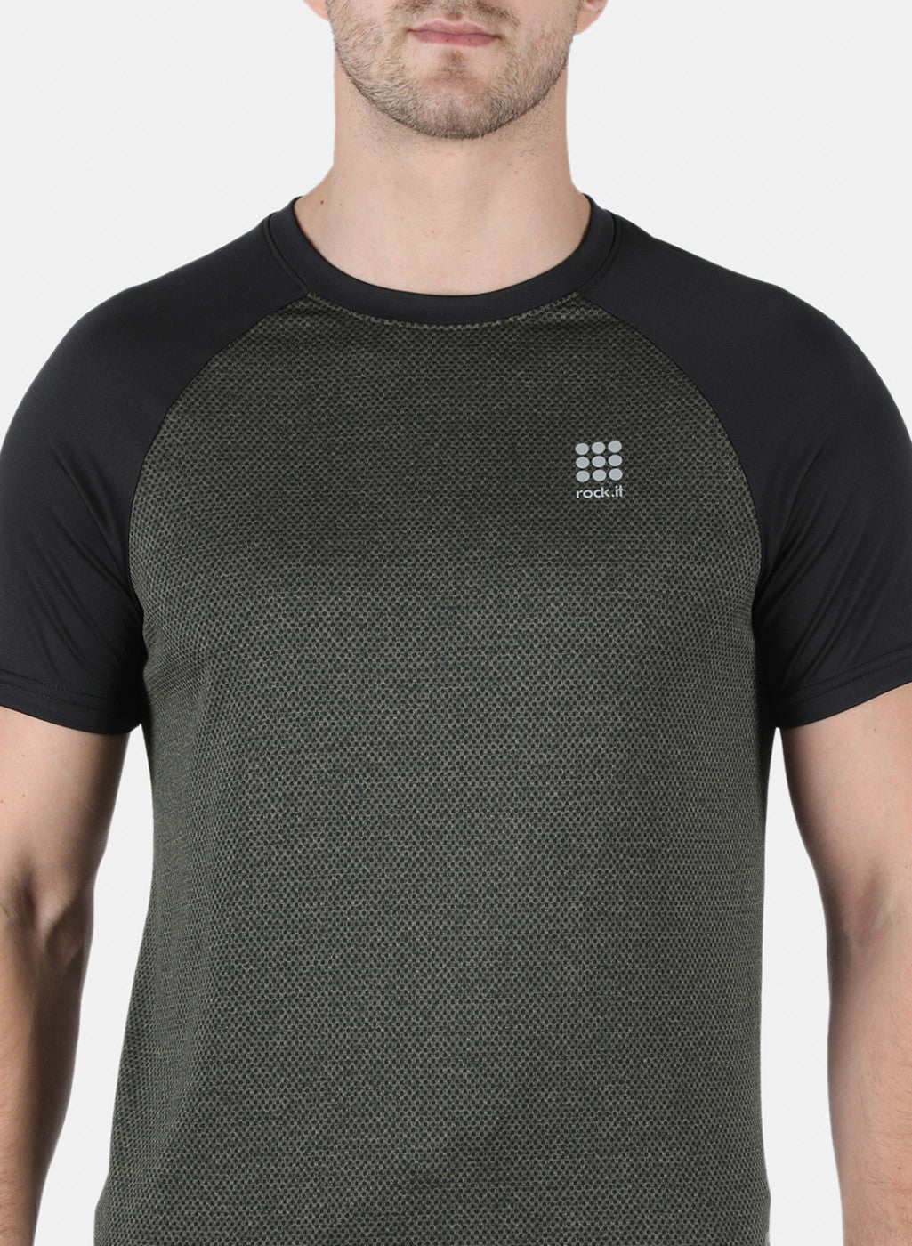 Rock.it Men Olive Self Design Round Neck T-Shirt