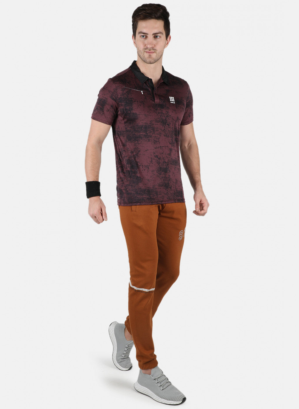 Men Maroon Self Design Collar T-Shirt