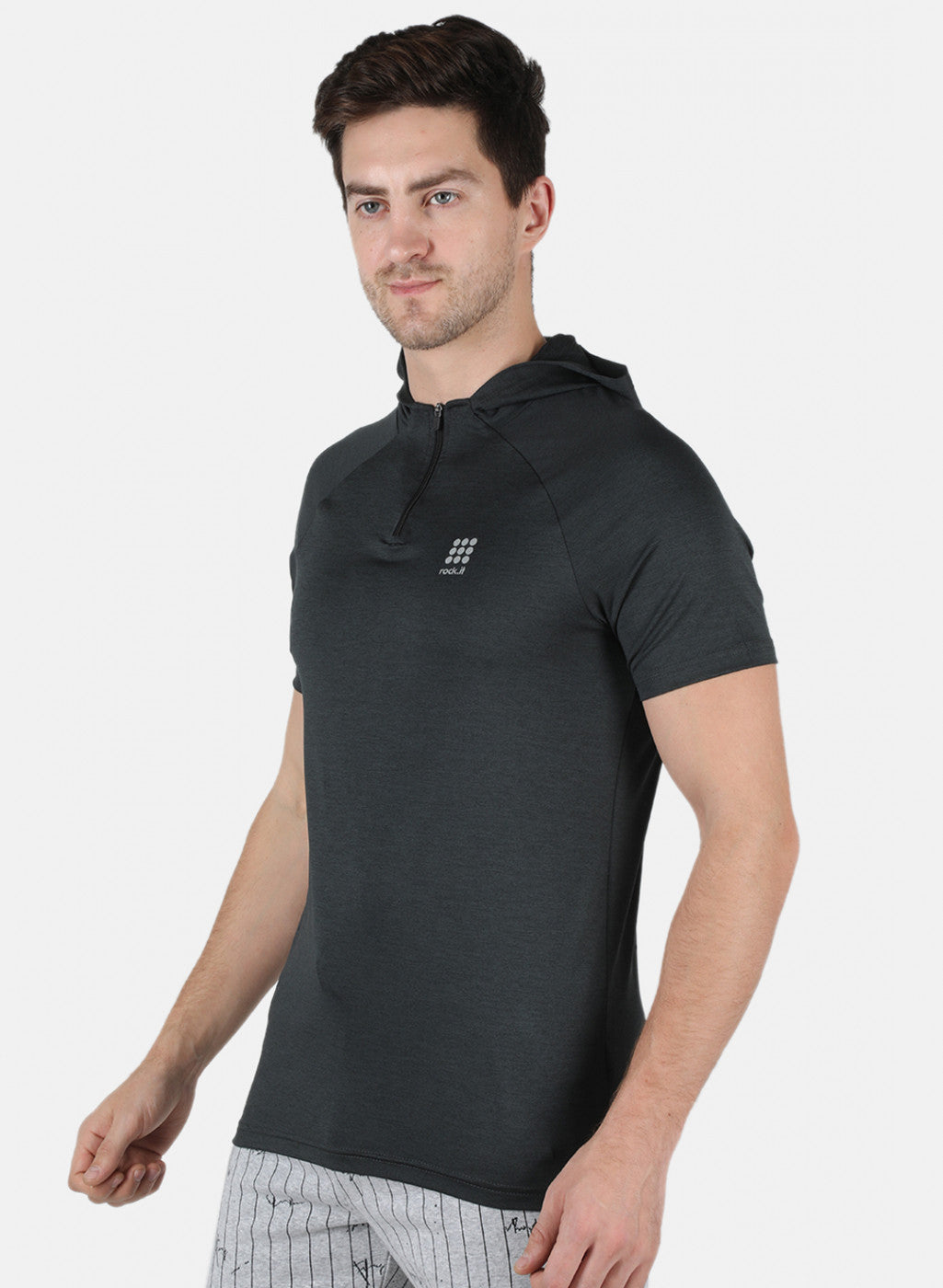 Men Olive Self Design Hooded T-Shirt