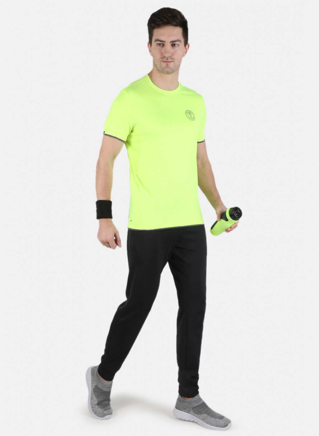 Men Neon Green Self Design Round Neck T-Shirt