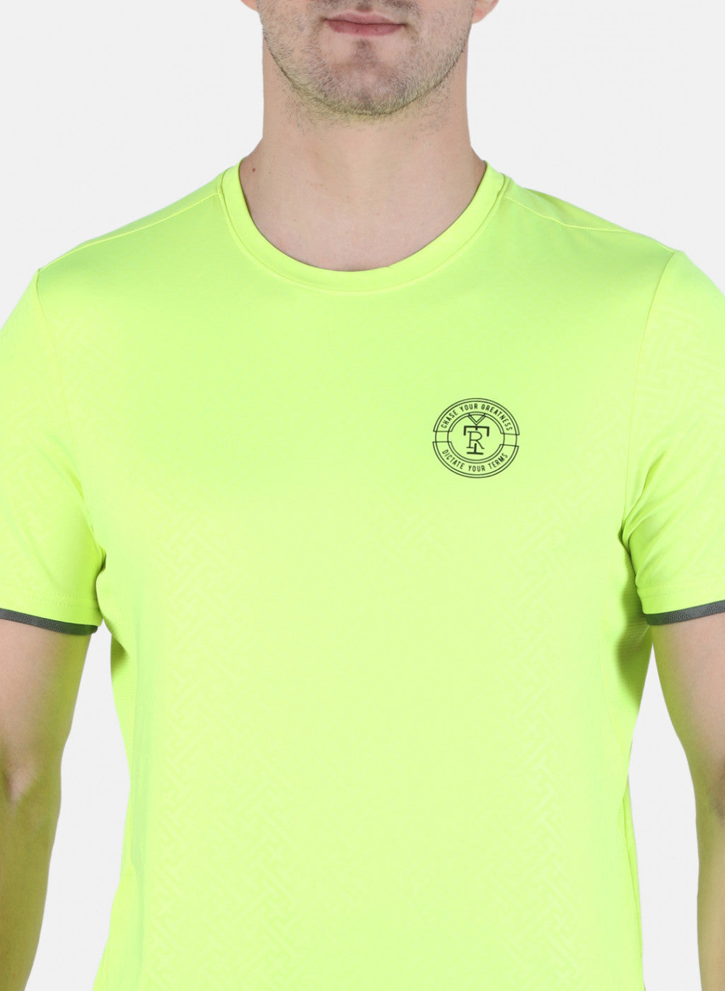 Men Neon Green Self Design Round Neck T-Shirt