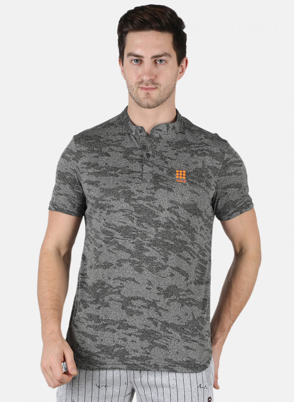 Men Grey Self Design Collar T-Shirt