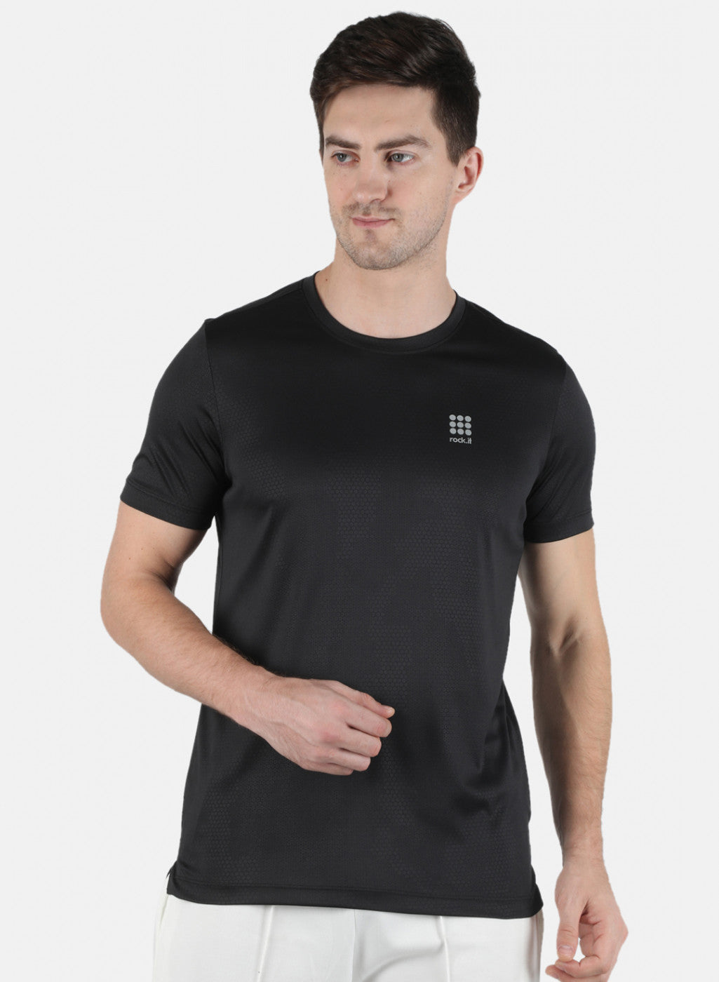 Men Black Self Design Round Neck T-Shirt