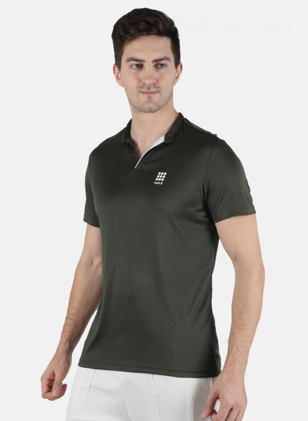 Men Olive Self Design Collar T-Shirt