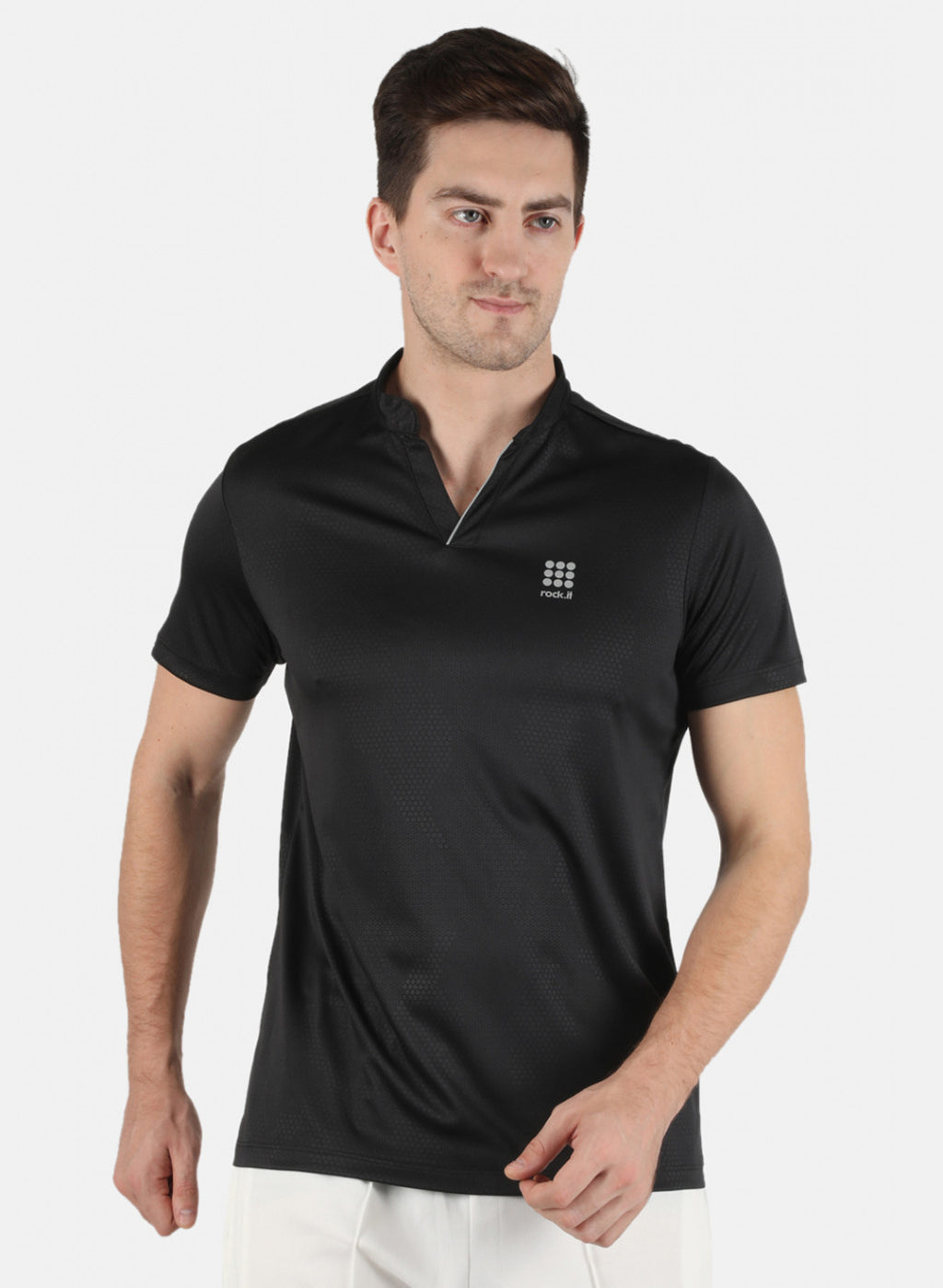 Rock.it Men Black Self Design Collar T-Shirt