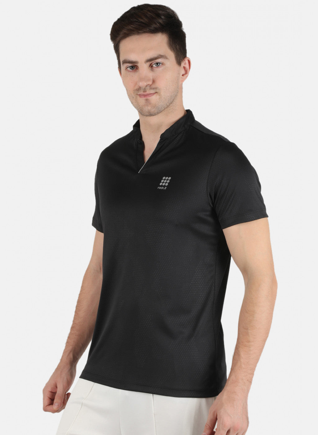 Rock.it Men Black Self Design Collar T-Shirt