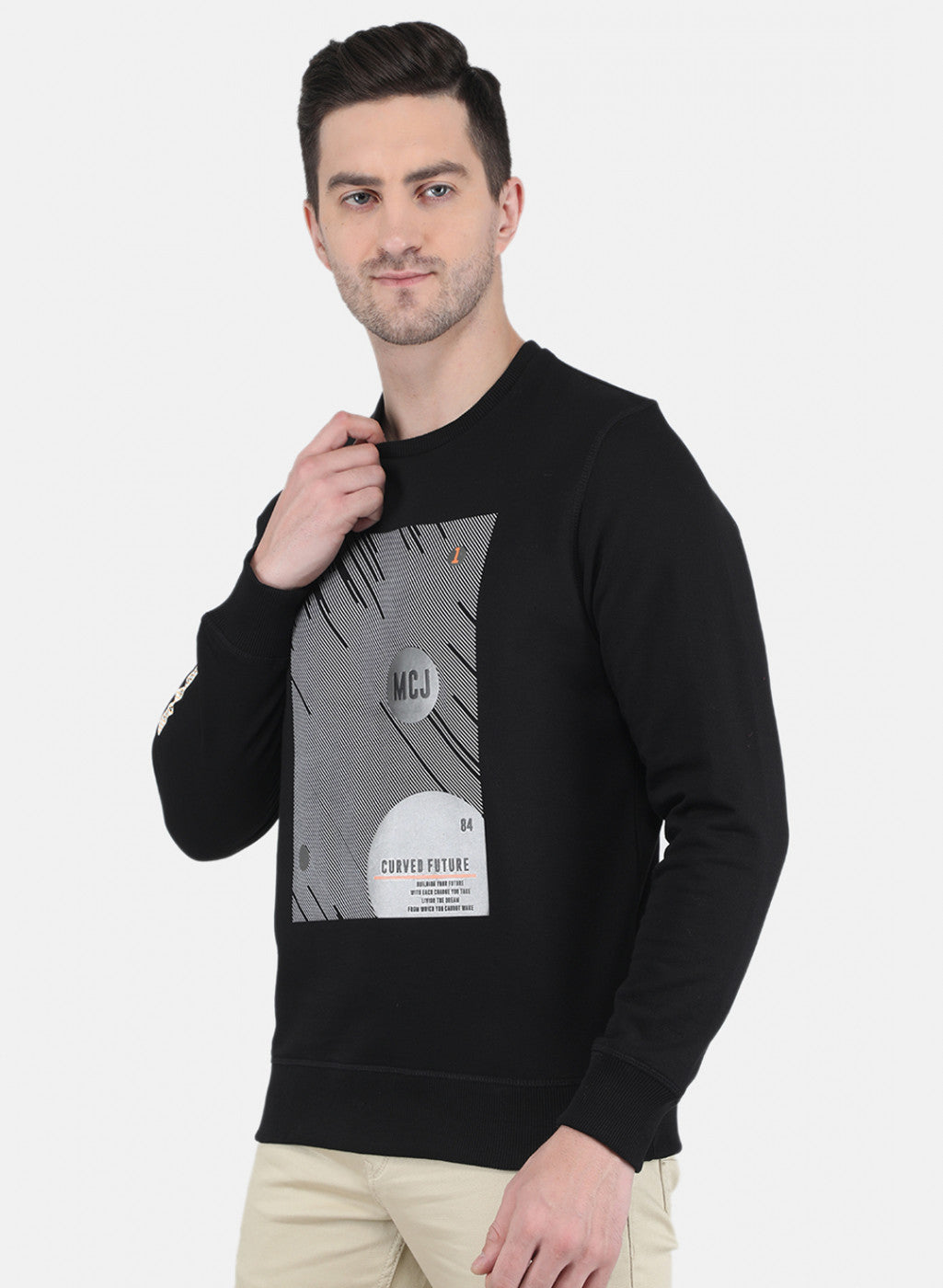 Men Black DiagoNAl Knit with Front Print Sweatshirt