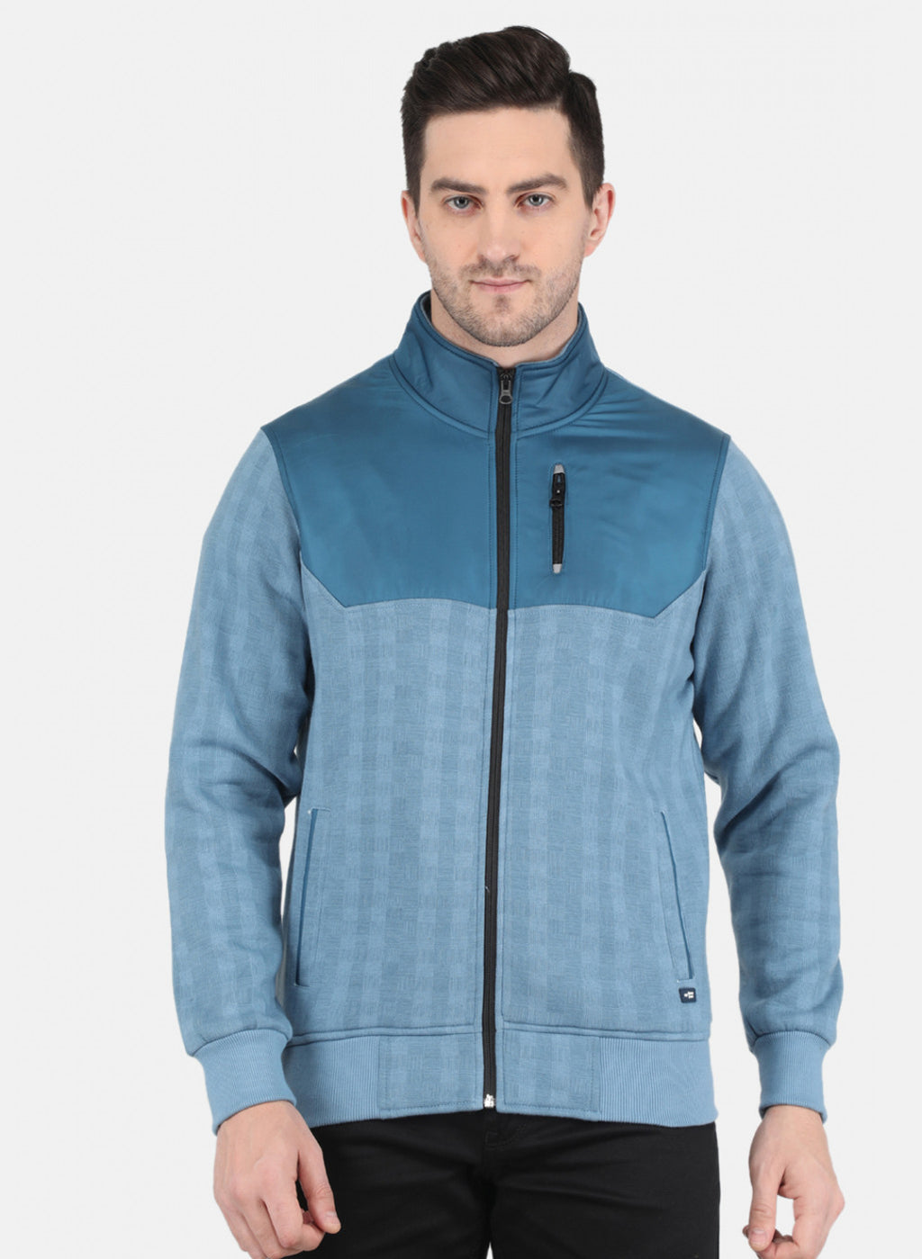 Men Blue Rotary Print with Jacketing Fabric - Zipper Pocket Sweatshirt