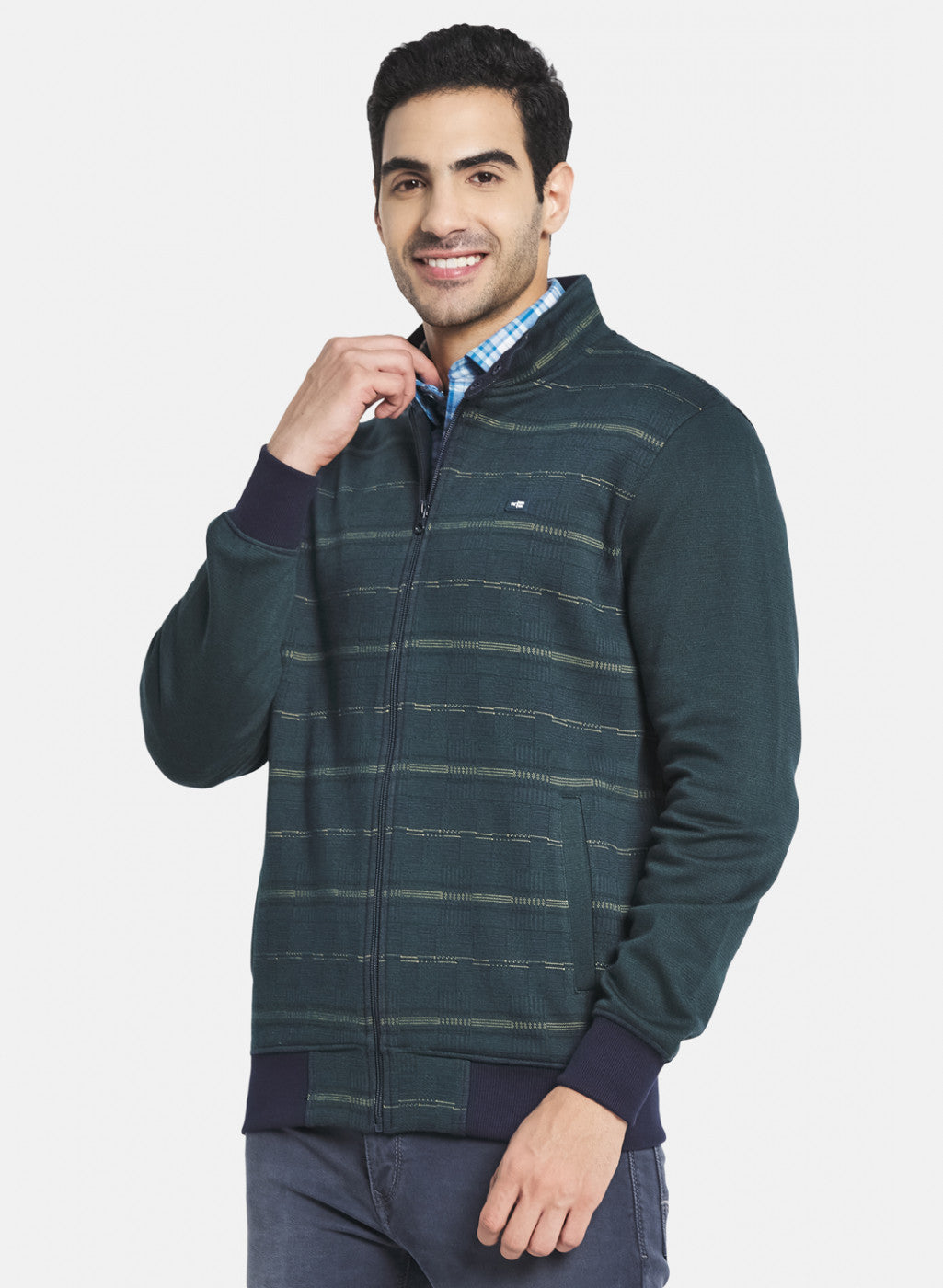 Men Green Jaquard Knit Sweatshirt with Zipper