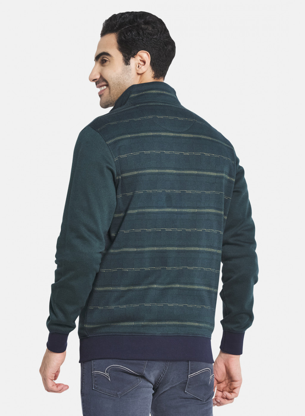 Men Green Jaquard Knit Sweatshirt with Zipper