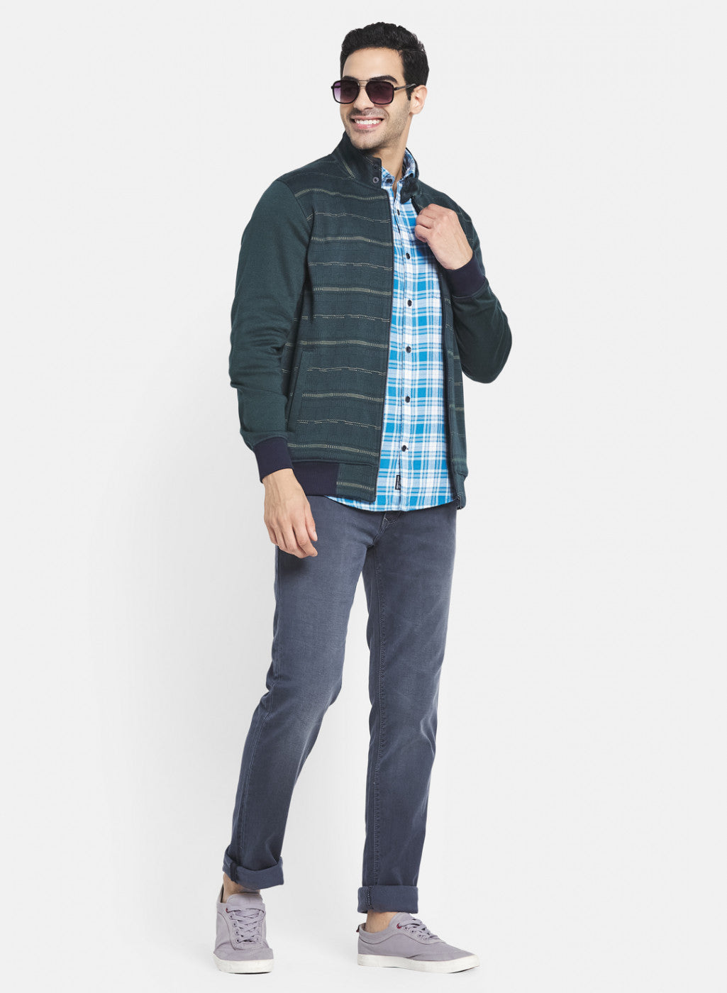 Men Green Jaquard Knit Sweatshirt with Zipper