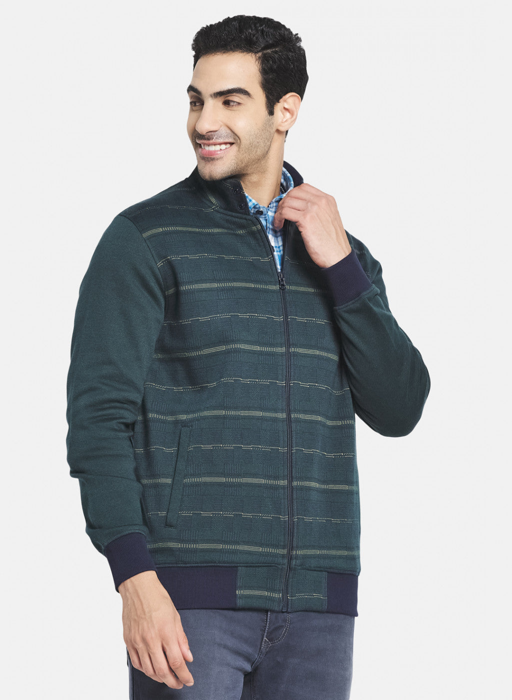 Men Green Jaquard Knit Sweatshirt with Zipper