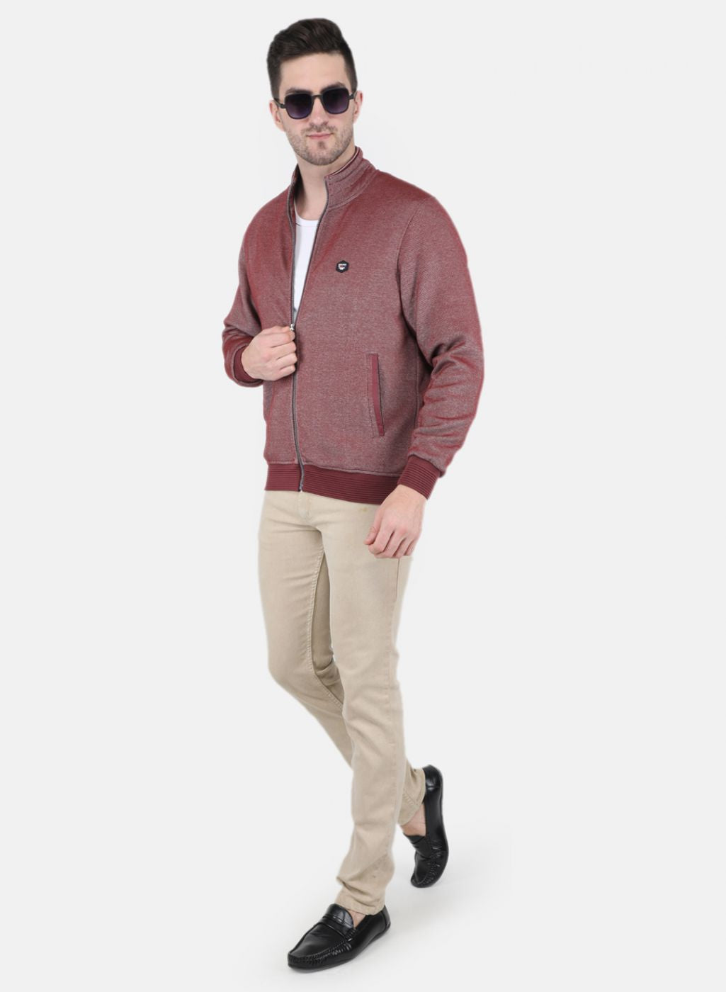 Men Maroon Jaquard Full Sleeve Collar Jacket