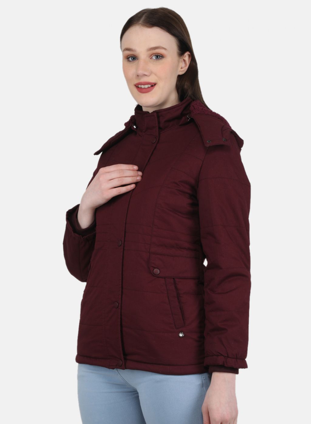 Women Maroon Solid Jacket