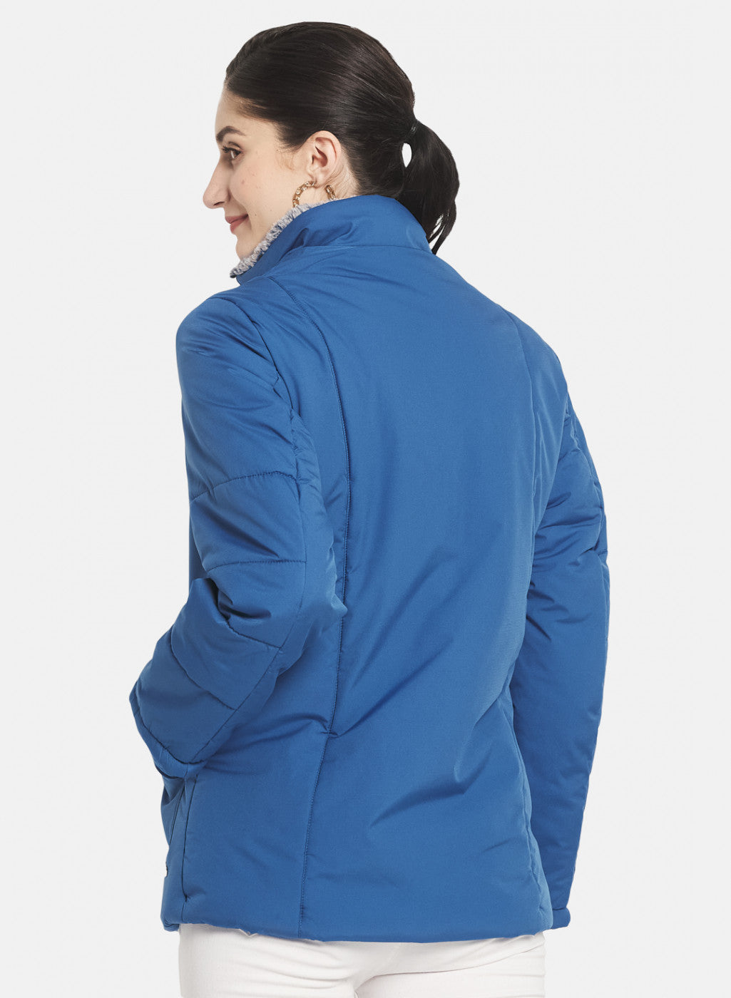 Women Blue Self Design Jacket