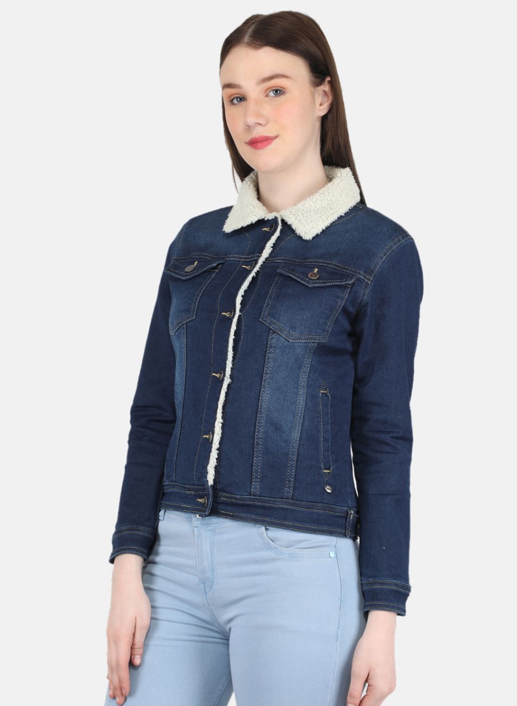 Women Blue Solid Denim Jacket
