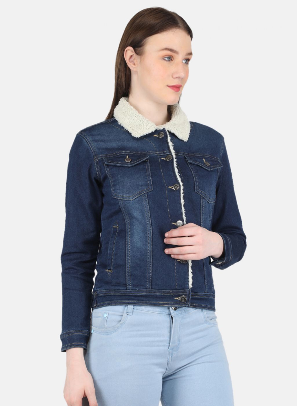 Women Blue Solid Denim Jacket