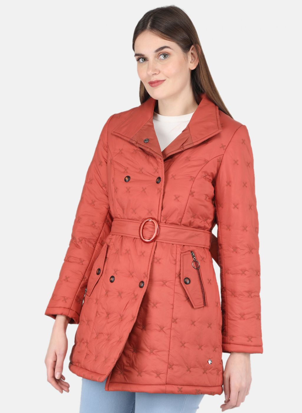 Women Rust Orange Solid Long Jacket