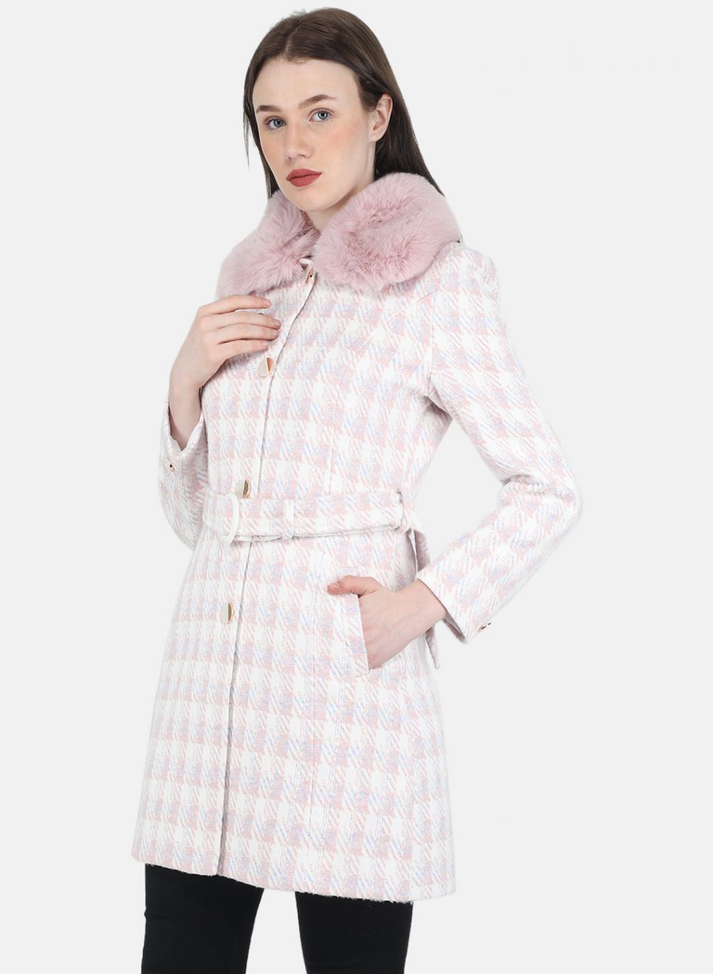 Women Pink Check Coat