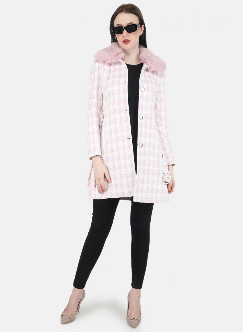 Women Pink Check Coat