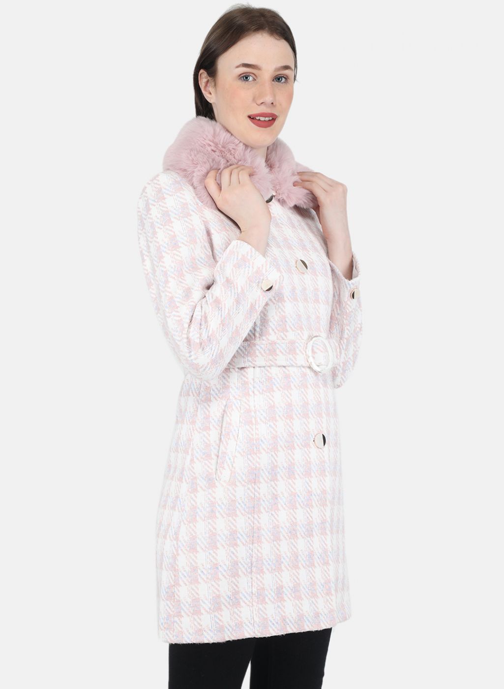 Women Pink Check Coat