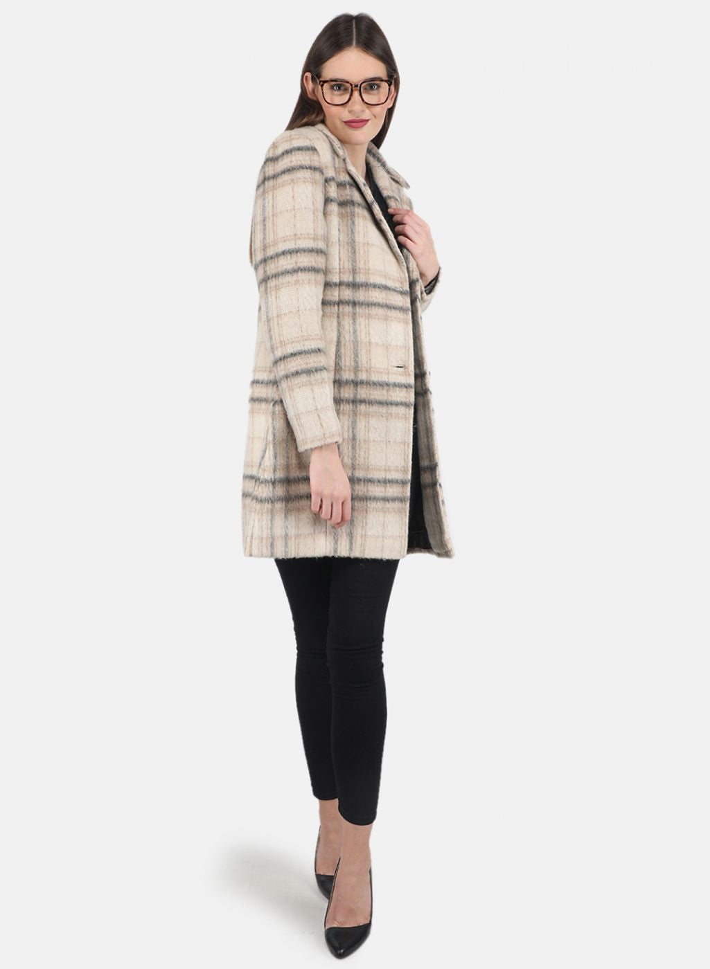 Women Beige Check Coat
