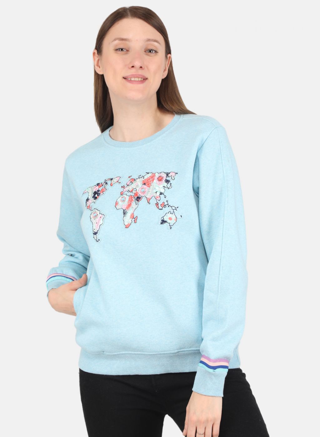 Women Aqua Blue Embroidered Sweatshirt