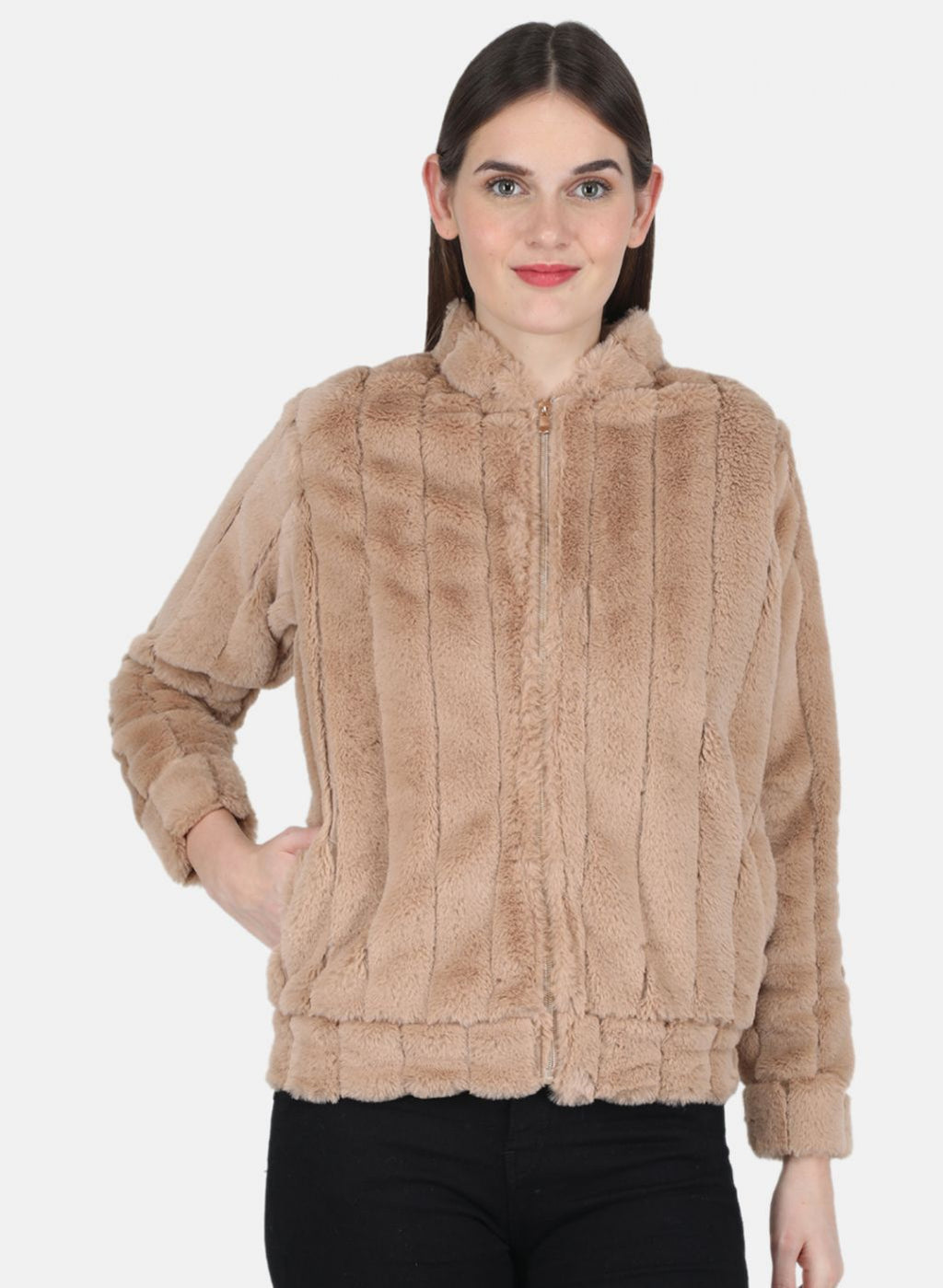 Women Beige Self design Sweatshirt