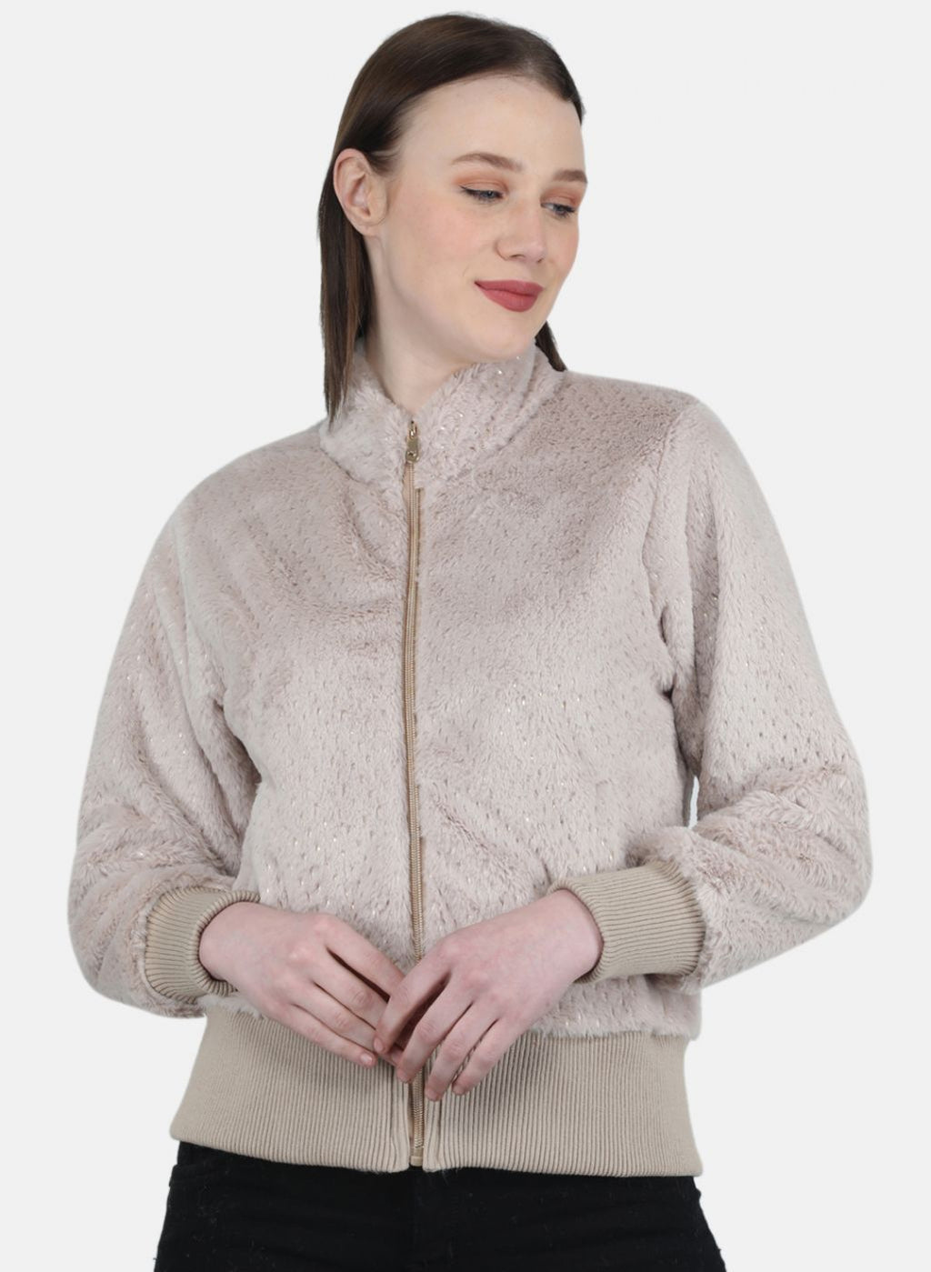 Women Beige Self Design Sweatshirt