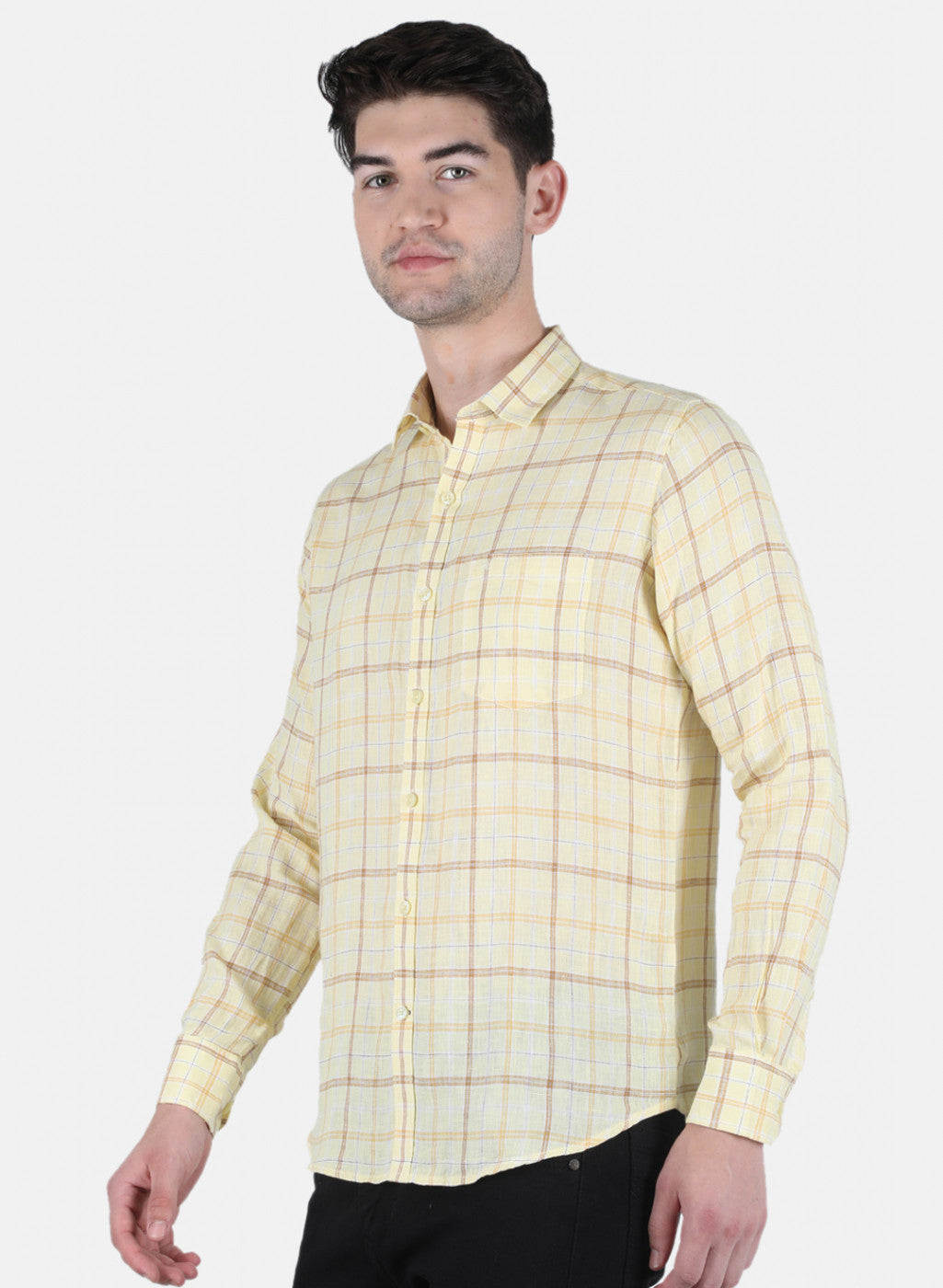 Men Yellow Check Linen Shirt