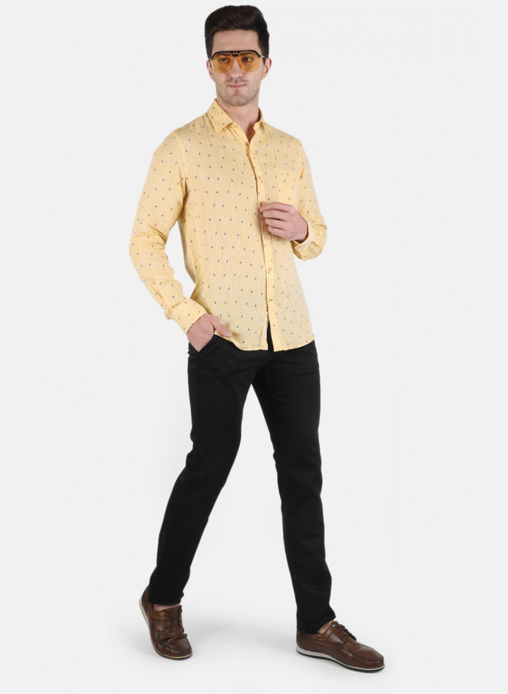 Men Yellow Printed Linen Shirt
