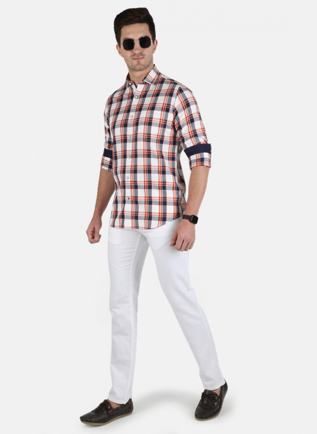 Men Orange Check Shirt