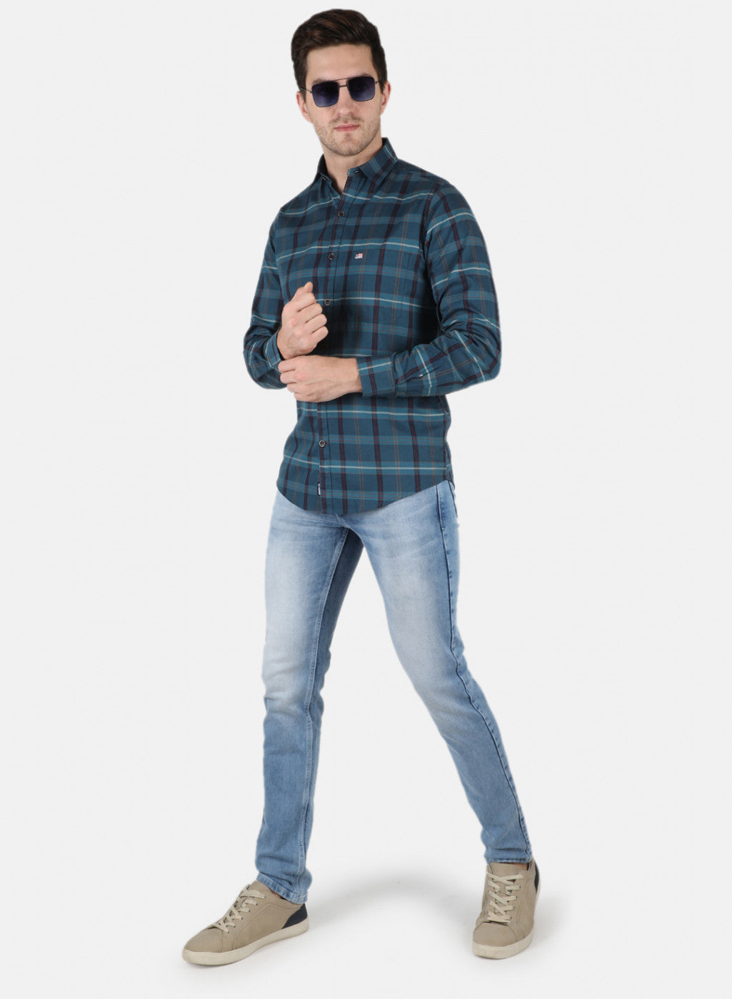 Men Teal Blue Check Shirt