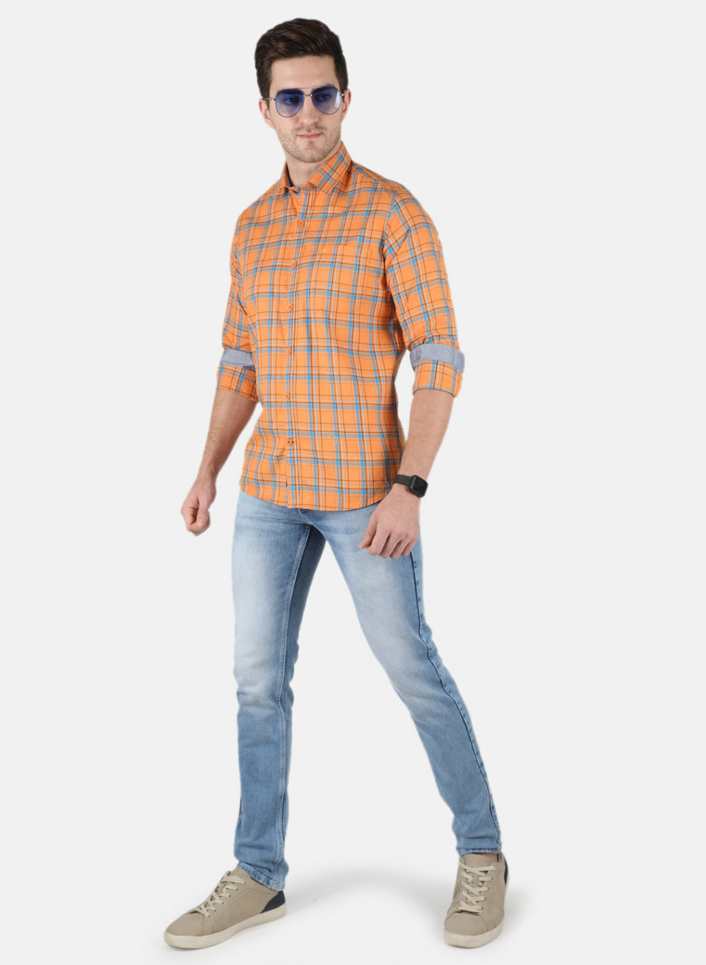 Men Orange Check Shirt