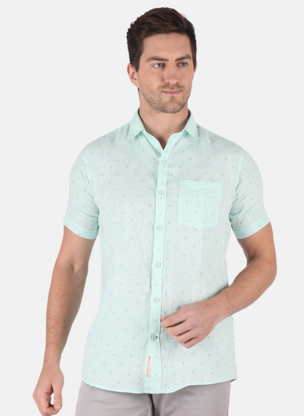 Men Aqua Blue Printed Linen Shirt