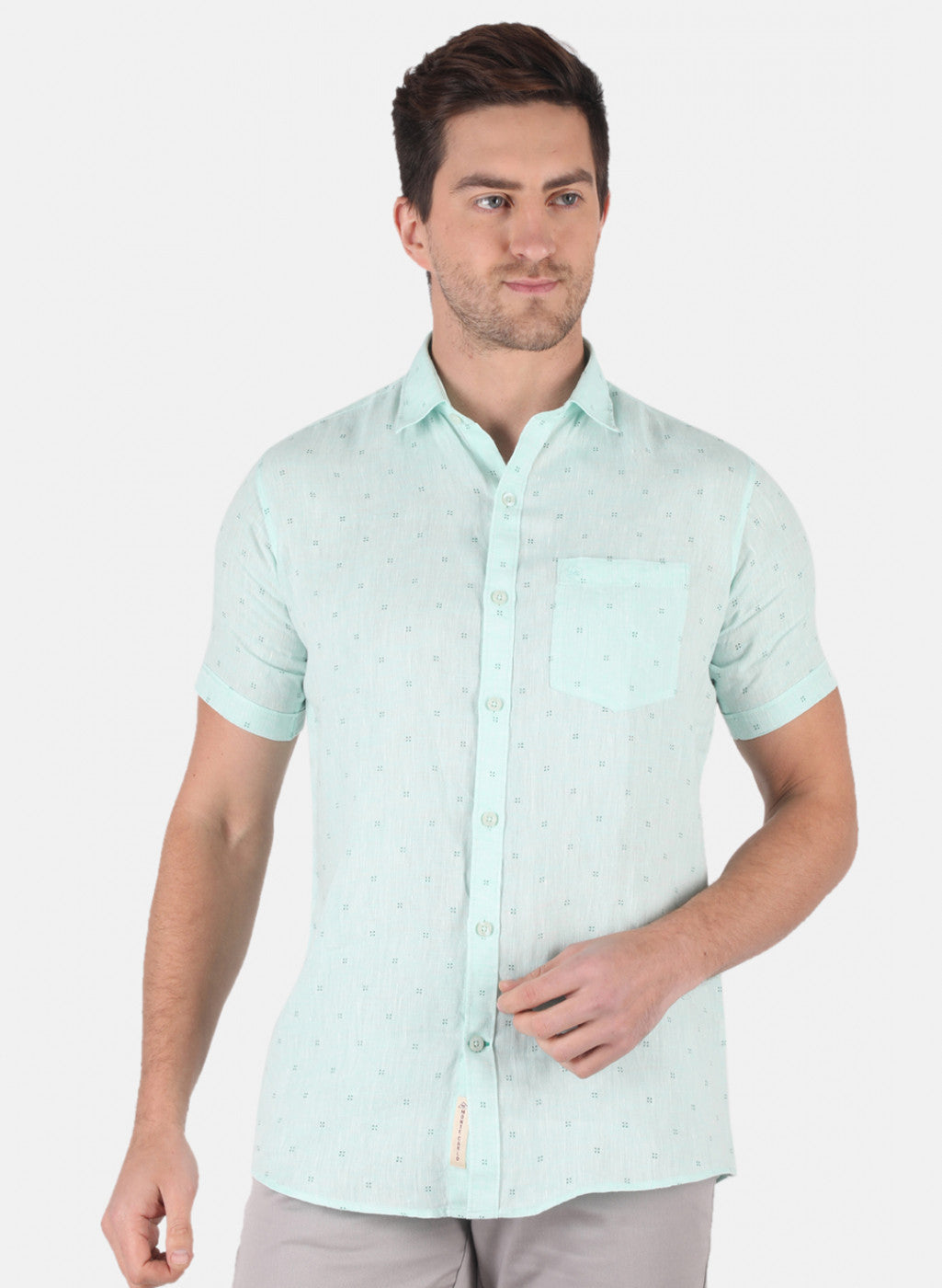 Men Aqua Blue Printed Linen Shirt