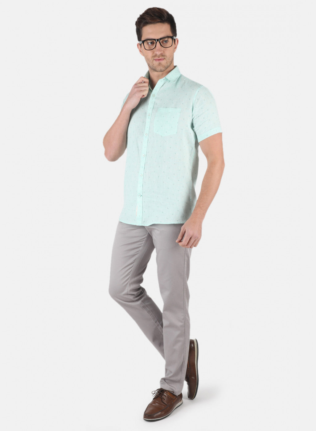 Men Aqua Blue Printed Linen Shirt