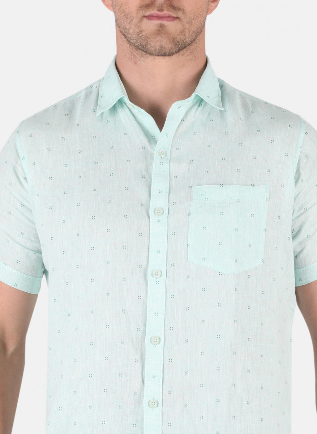 Men Aqua Blue Printed Linen Shirt